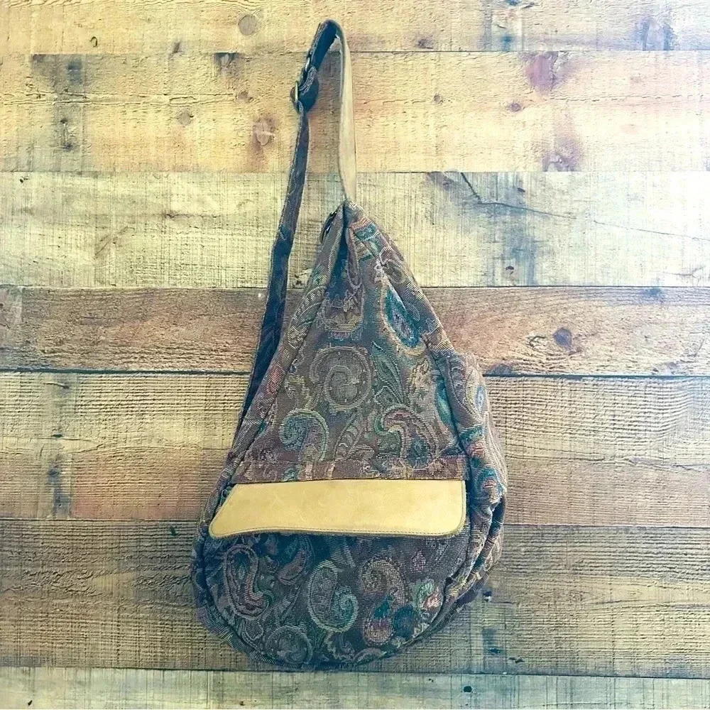 Vintage 90s L.L. Bean Ameribag Paisley Tapestry Sling Shoulder Bag Backpack - Picture 2 of 15